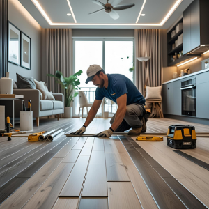 Instalación de piso SPC tipo madera en ambiente moderno