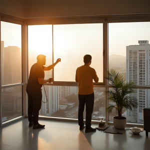 Lámina de protección solar instalada en vidrio de oficina